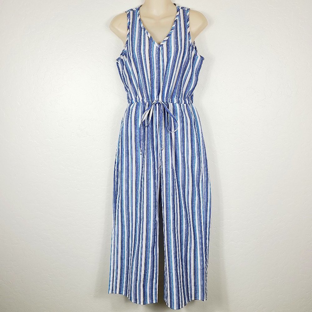 DREW Seersucker Striped Cropped Jumpsuit - Picture 1 of 5